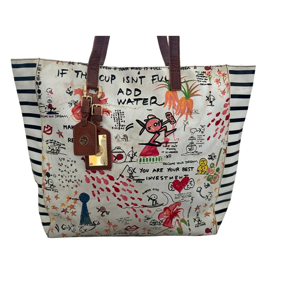 Tory Burch Limited Edition De La Vega Tote Bag Rare Graphic Art Quote Leather - Picture 2 of 12